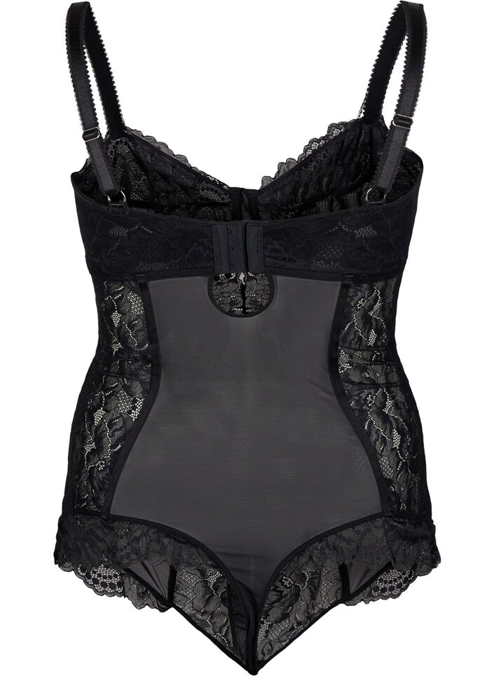 Mesh bodystocking met kant en afneembare ketting, Black, Packshot