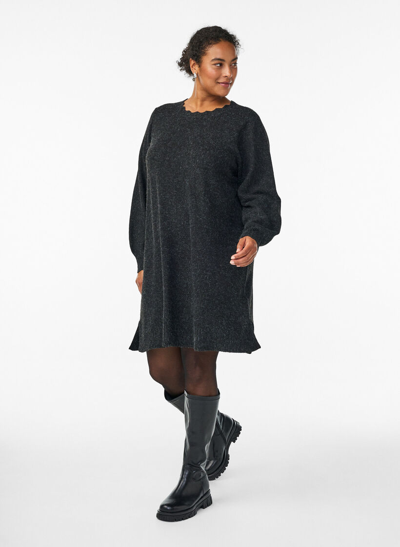 Robe courte en maille avec ourlet ondul&eacute; et fentes, Gris anthracite, Model image number 0