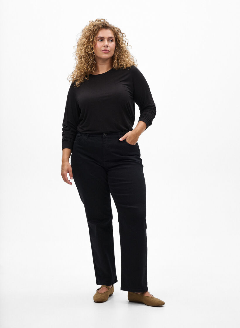 Blouse met lange mouwen in een effen kleur, Zwart, Model image number 1
