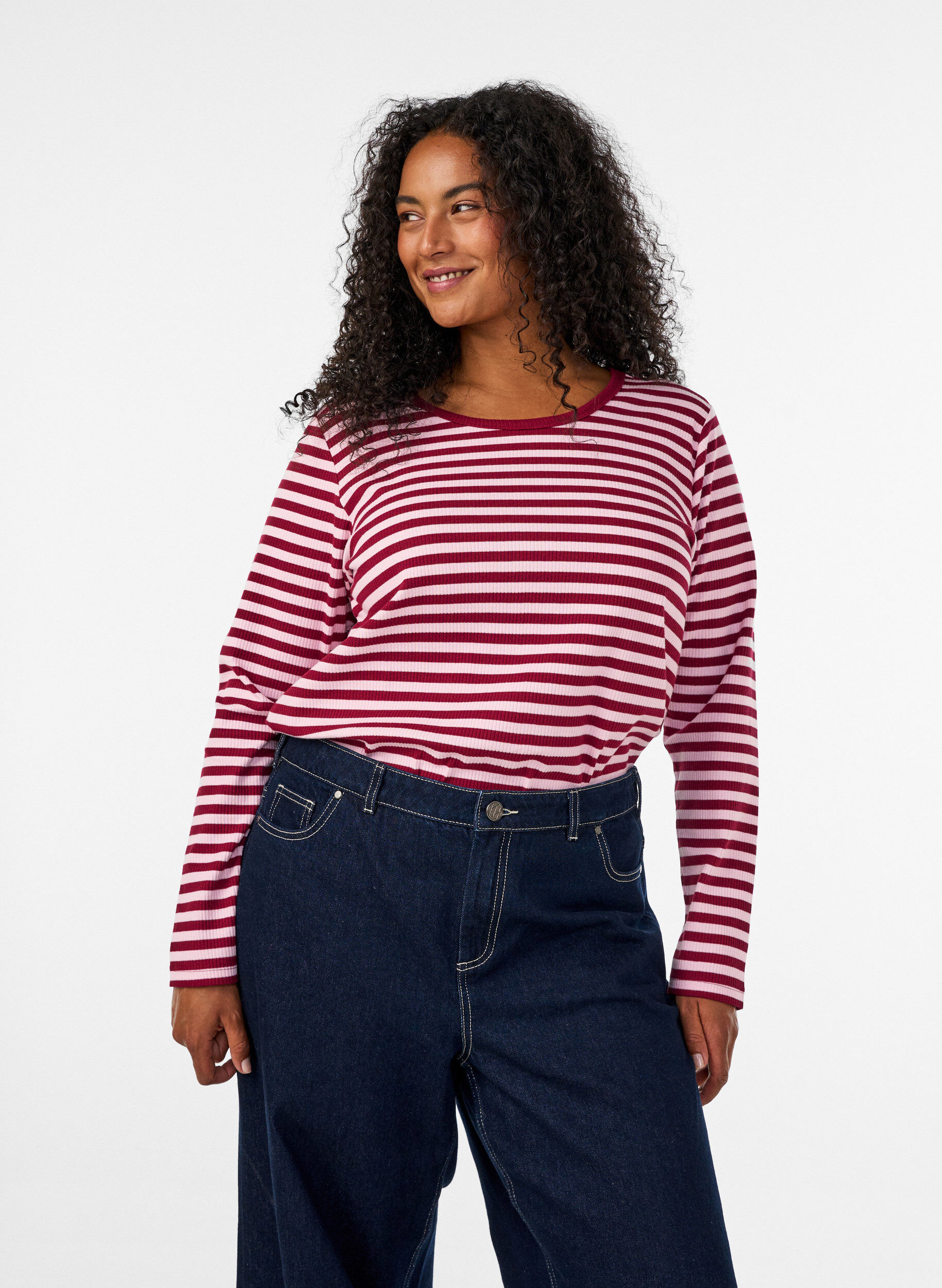 Gestreepte blouse met lange mouwen, Roze, Model