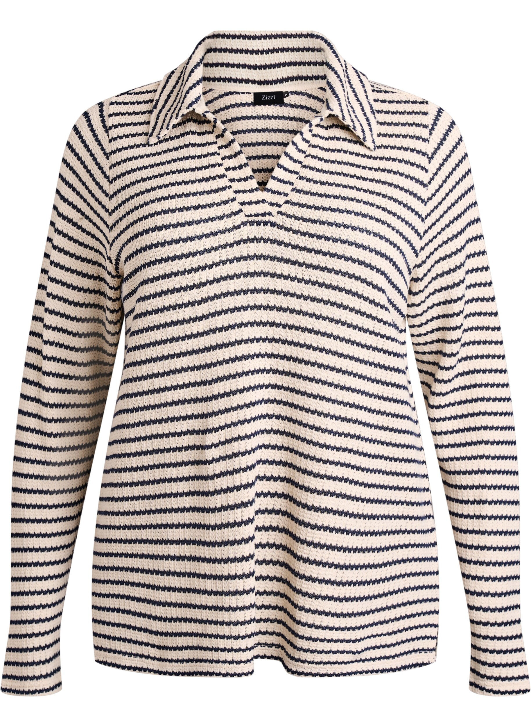Gestreepte jersey blouse met een kraag en V-hals