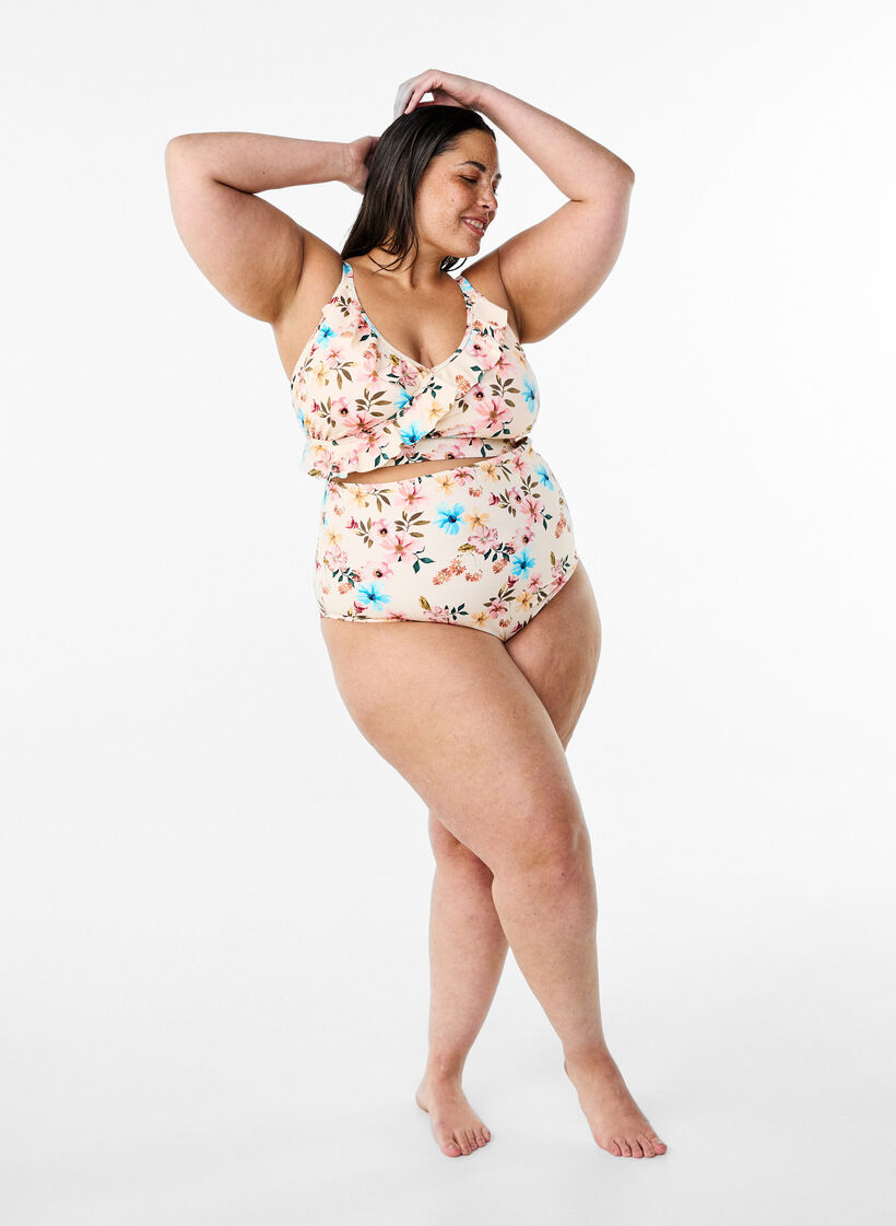 Bloemen bikinitop met ruches, Beige, Model image number 1