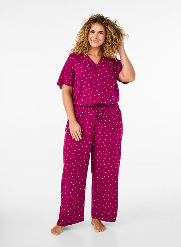 ZizziViscose nachtblouse met hartjesprint, Rood, Model image number 1