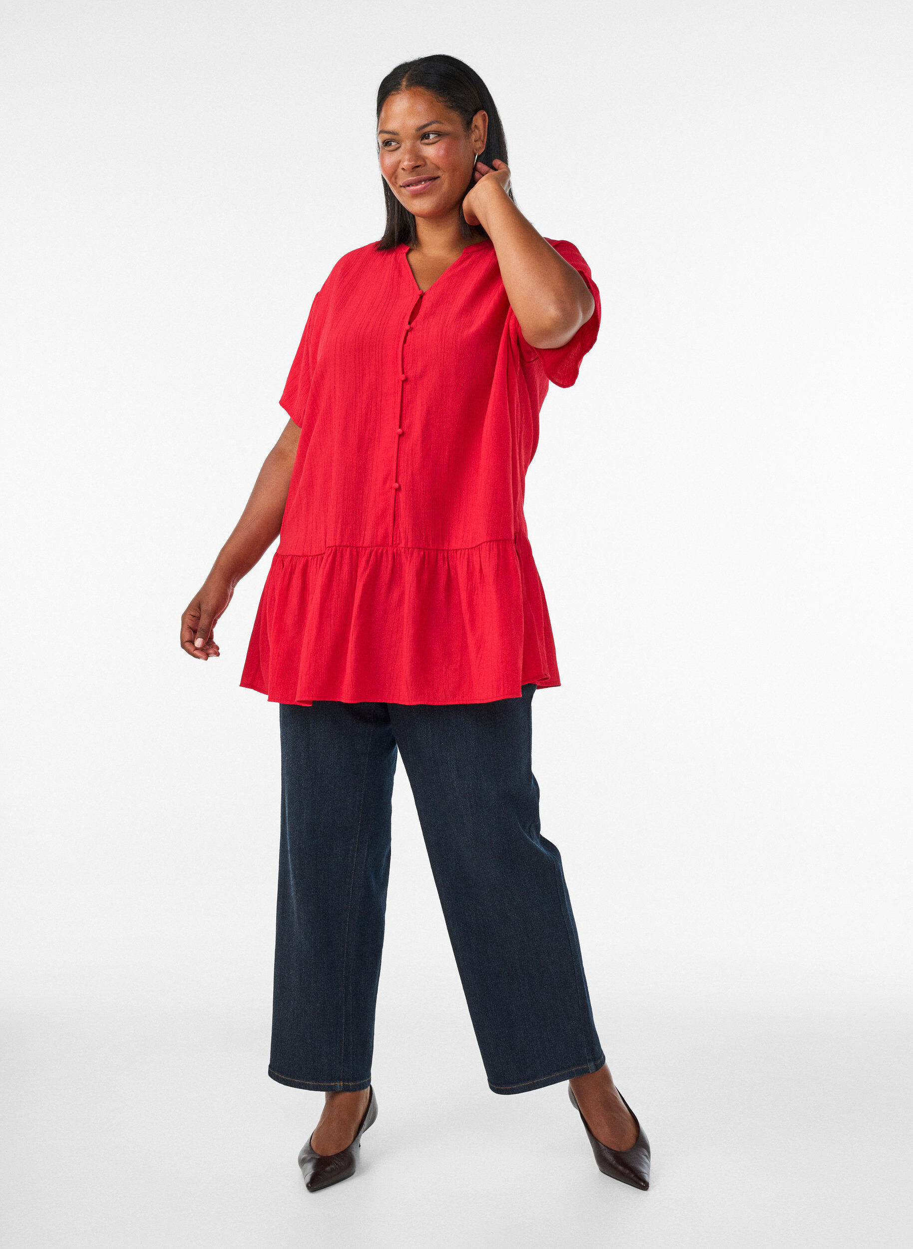 ZizziLosse tuniek met gekreukte structuur en rucherand, Rood, Model image number 1