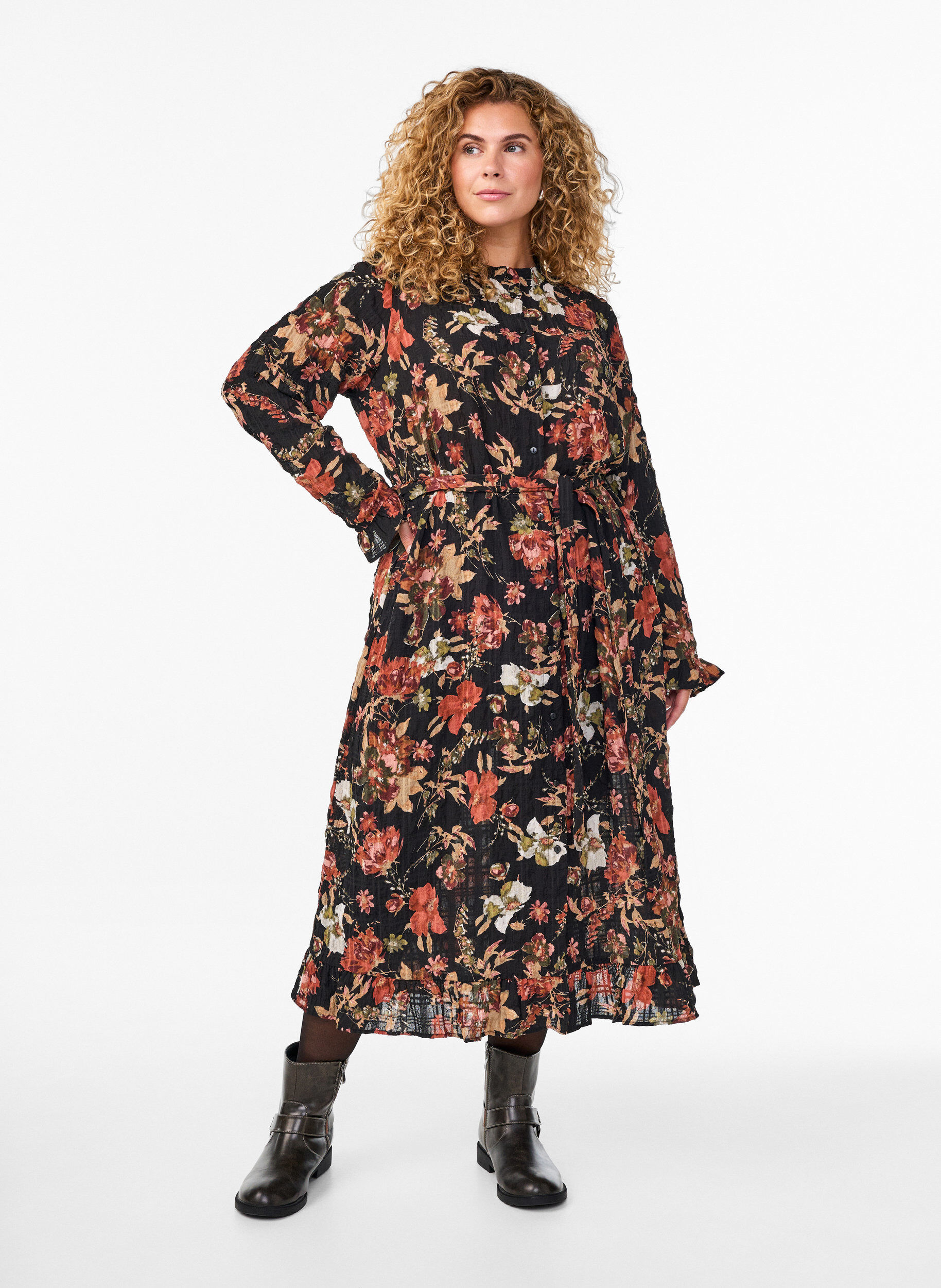 Midi-jurk met bloemenprint en afneembare strikceintuur, Zwart, Model
