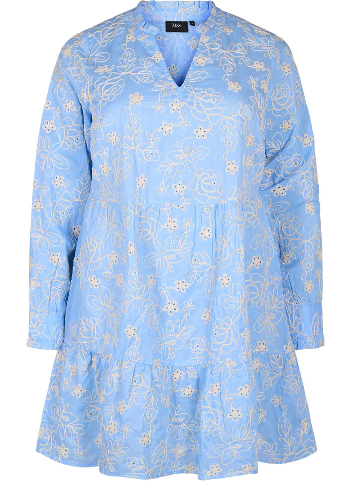 Jurk met geborduurde bloemen en lange mouwen, Della Robbia Blue, Packshot