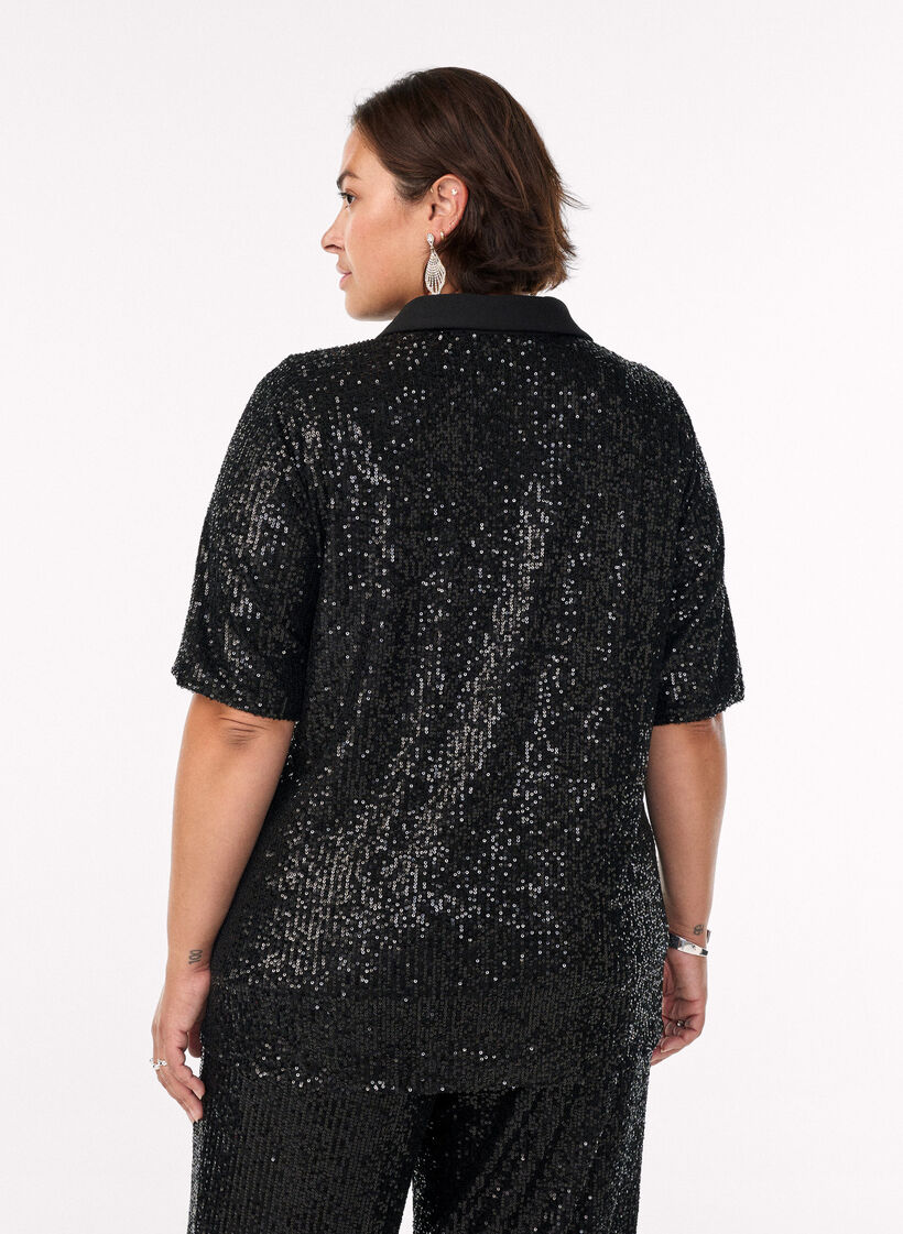 Sequinblouse met polokraag en korte mouwen, Zwart, Model image number 2