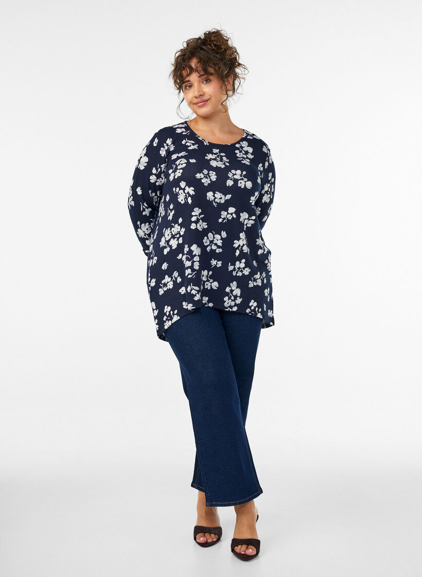Gebloemde blouse met lange mouwen, Blauw, Model image number 1