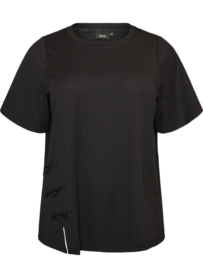 T-shirt met splitjes en decoratieve knoopsluitingen, Zwart, Packshot image number 0