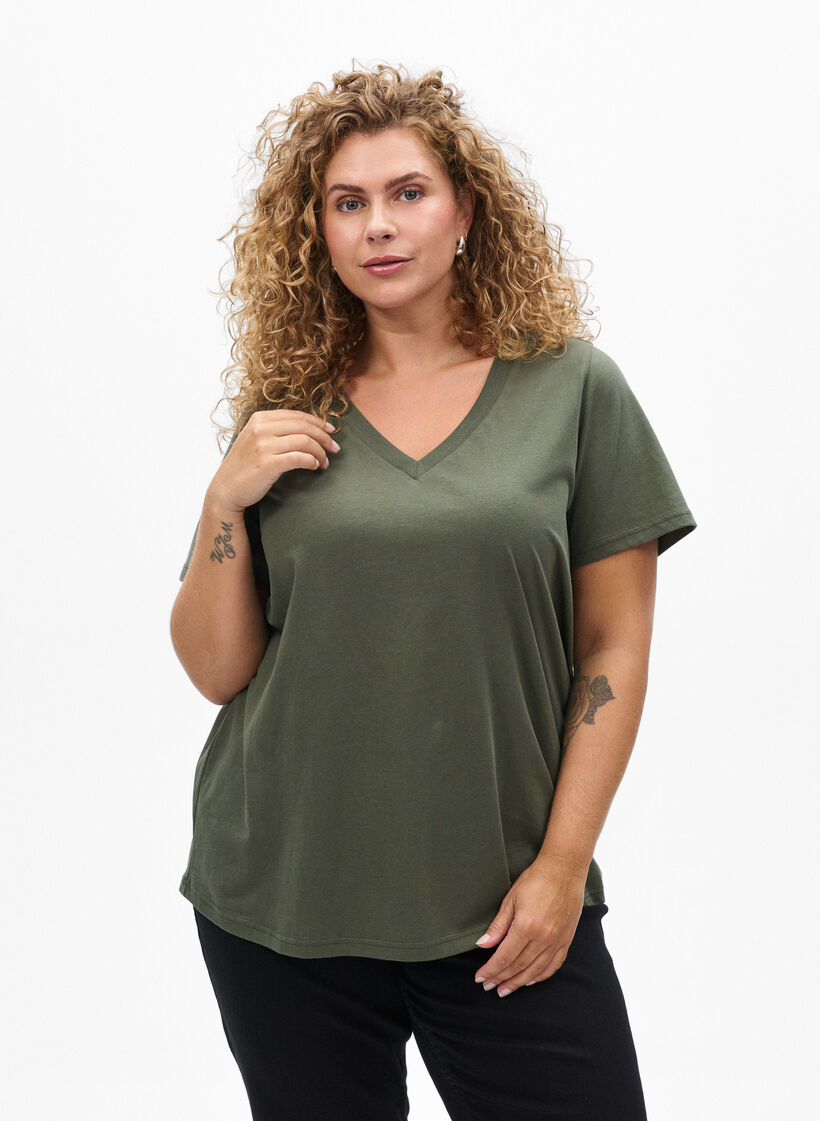 Basis T-shirt van katoen met een V-hals, Groen, Model image number 0