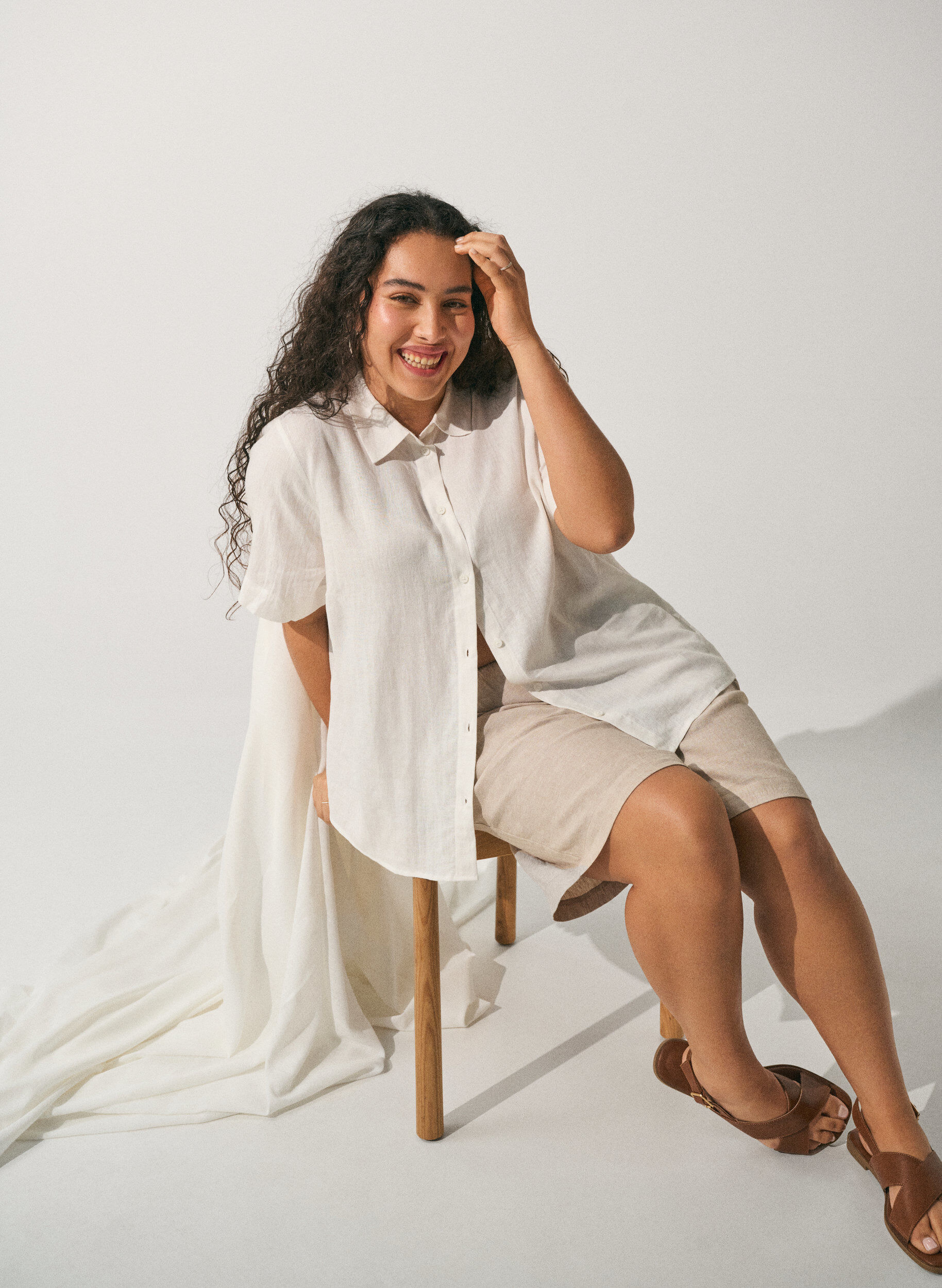 ZizziShorts met hoge taille in linnen en viscose, Beige, Image image number 0