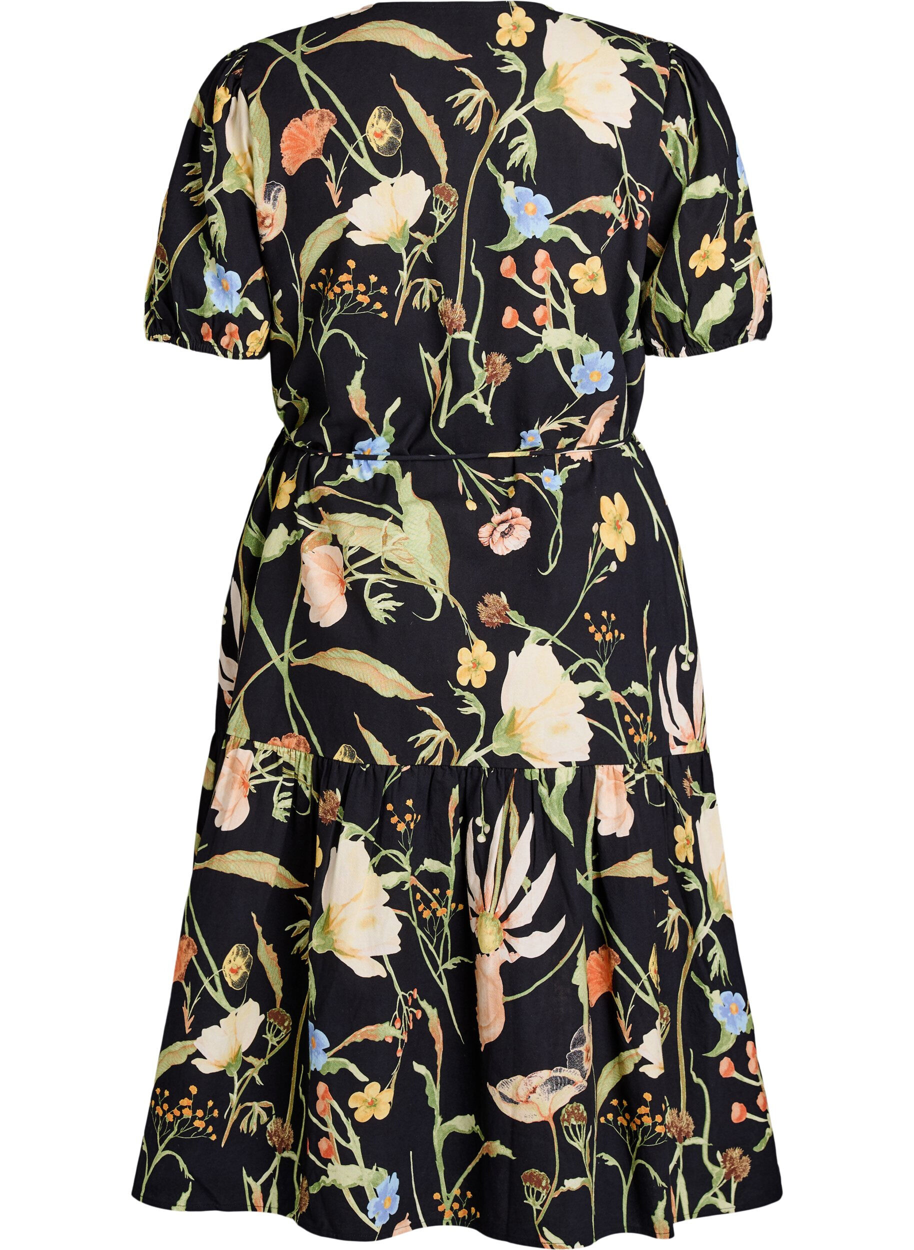 Zizzi Robe midi &agrave; imprim&eacute; floral et ceinture &agrave; nouer, Noir, Packshot image number 1