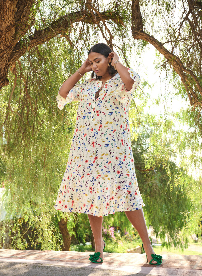 Gebloemde midi-jurk met 3/4-mouwen, Multi Flower AOP, Image