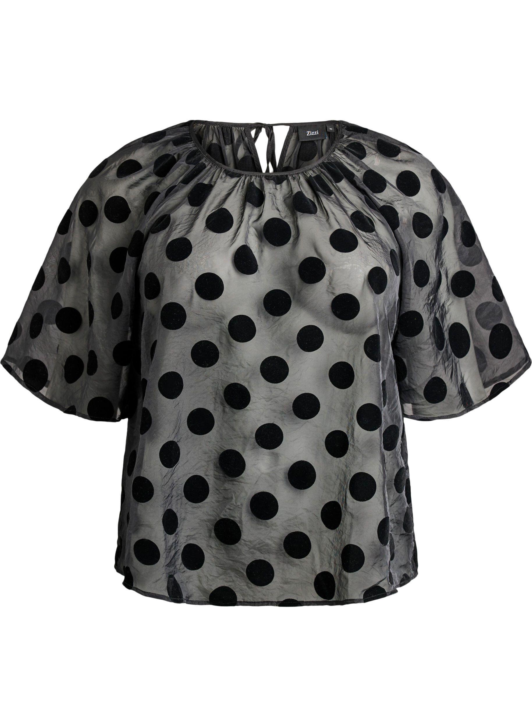 ZizziPartyblouse in organza-look met fluwelen stippen, Zwart, Packshot image number 0