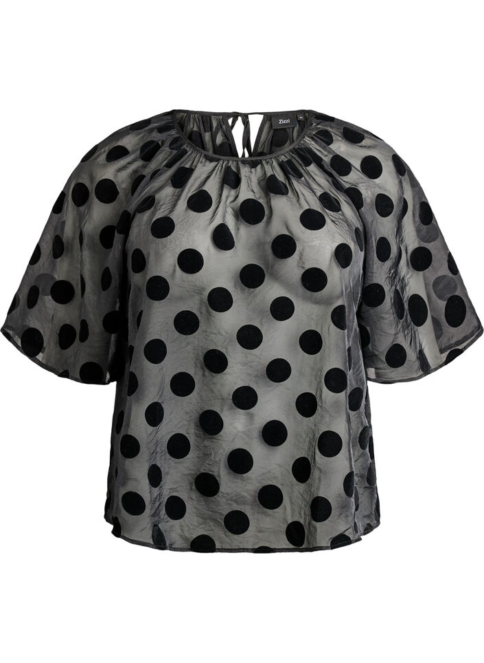 Partyblouse in organza-look met fluwelen stippen, Zwart, Packshot image number 0