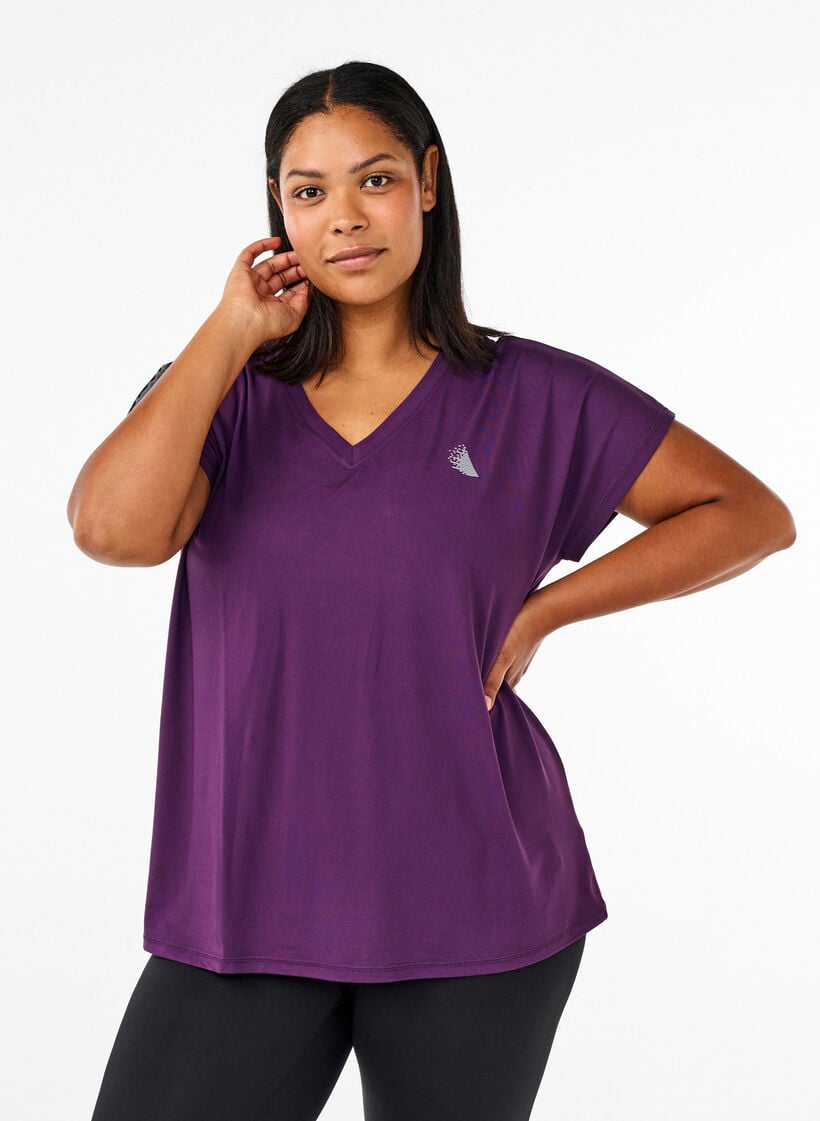 Losvallend trainings-T-shirt met V-hals, Paars, Model image number 0