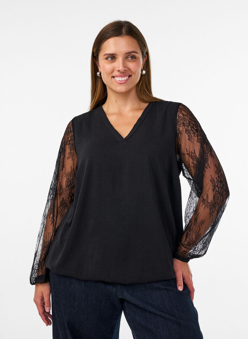 Blouse met kanten mouwen en ballonvorm, Zwart, Model image number 0