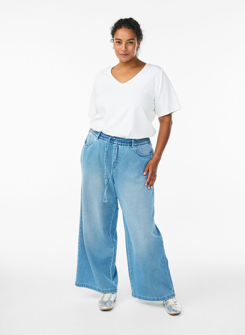 Losse pasvorm jeans met een elastische tailleband en een trekkoord, Blauw, Model image number 0
