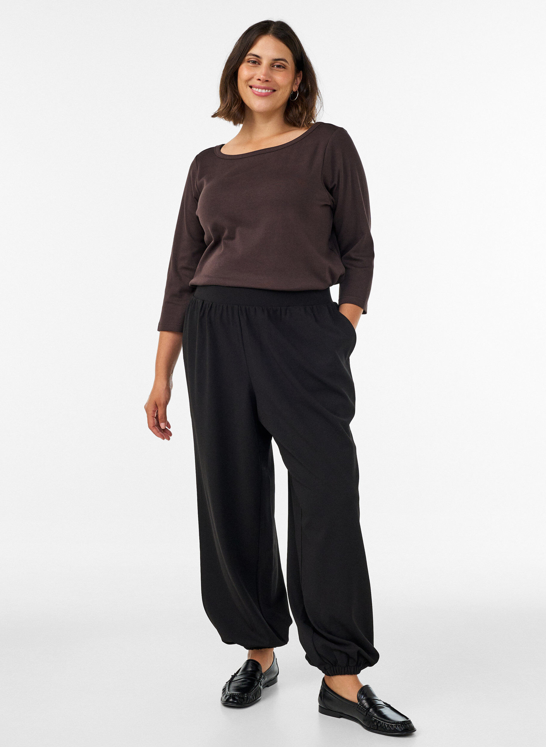 ZizziBasic T-shirt met boothals en 3/4-mouwen, Bruin, Model image number 1