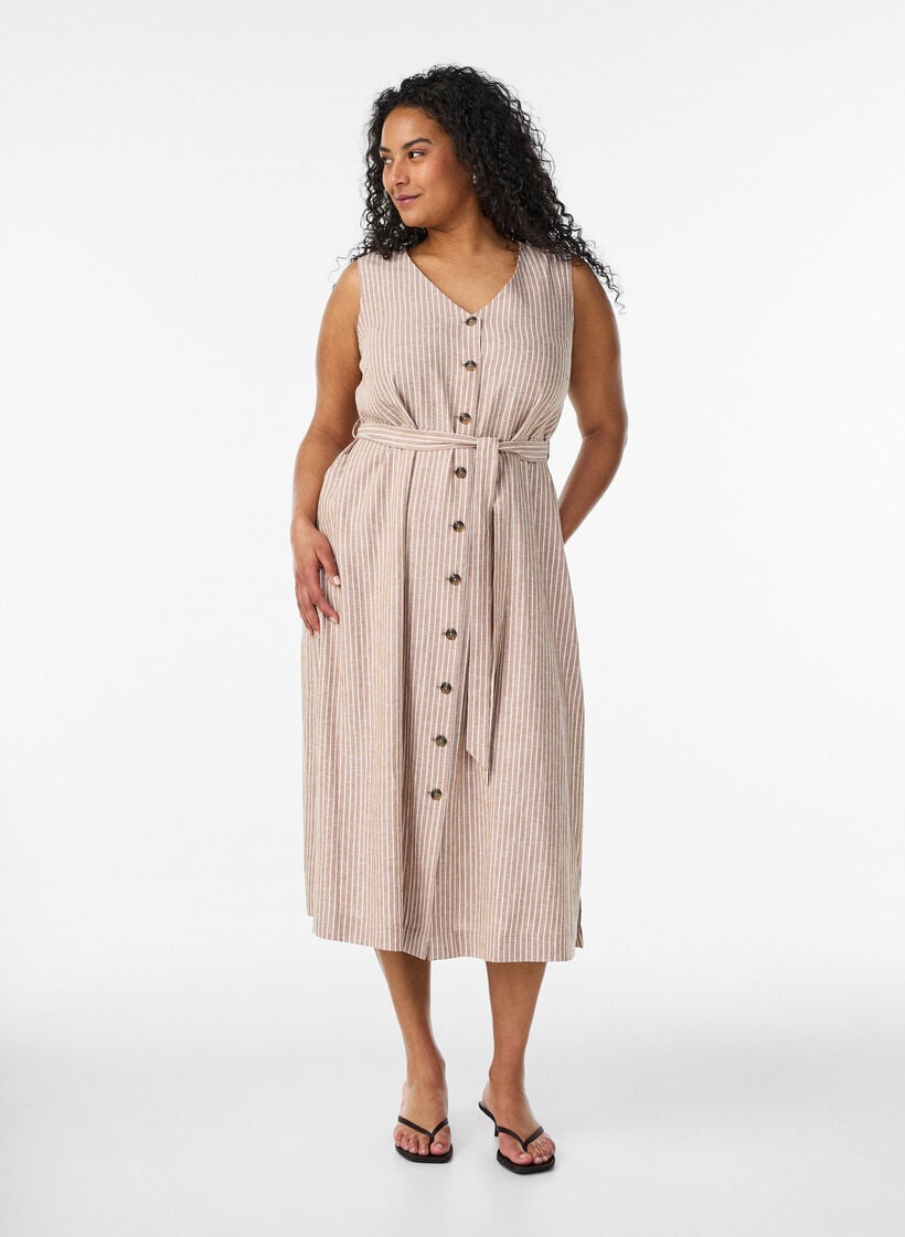 Mouwloze gestreepte midi jurk in linnen en viscose, Beige, Model image number 0
