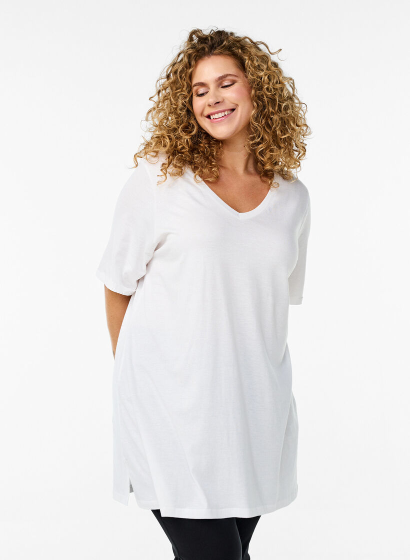 Enkelkleurig oversized T-shirt met V-hals, Wit, Model image number 0