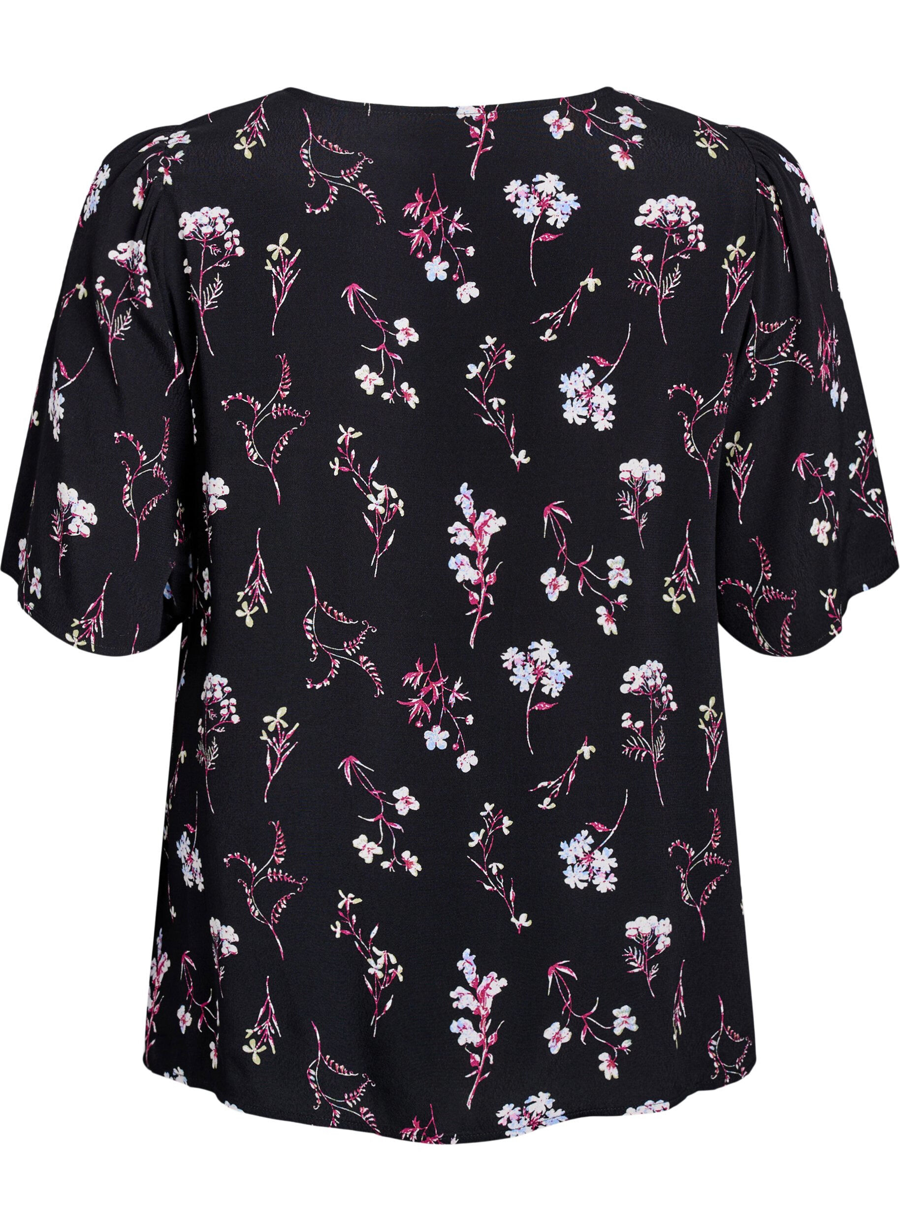 ZizziBlouse met bloemmotief en korte mouwen, Zwart, Packshot image number 1