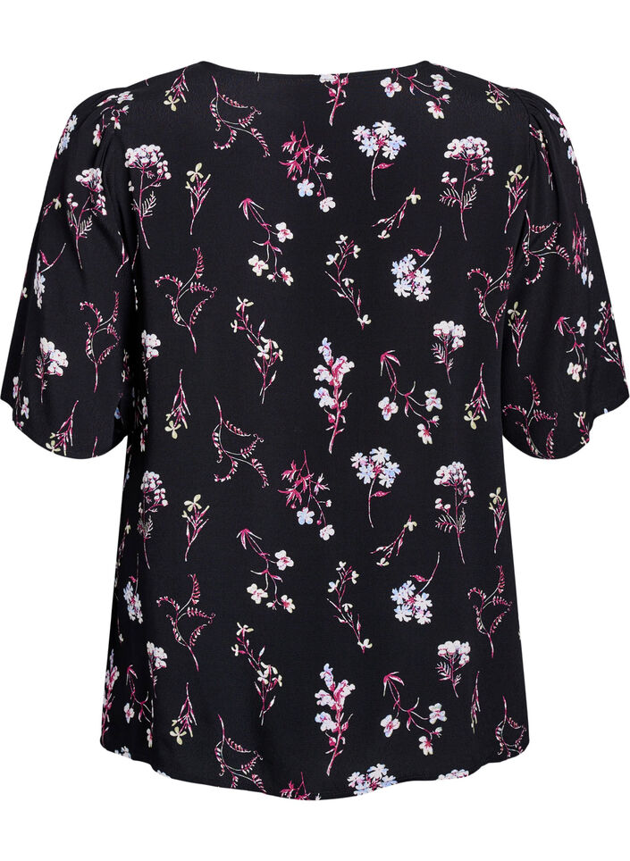 Blouse met bloemmotief en korte mouwen, Zwart, Packshot image number 1