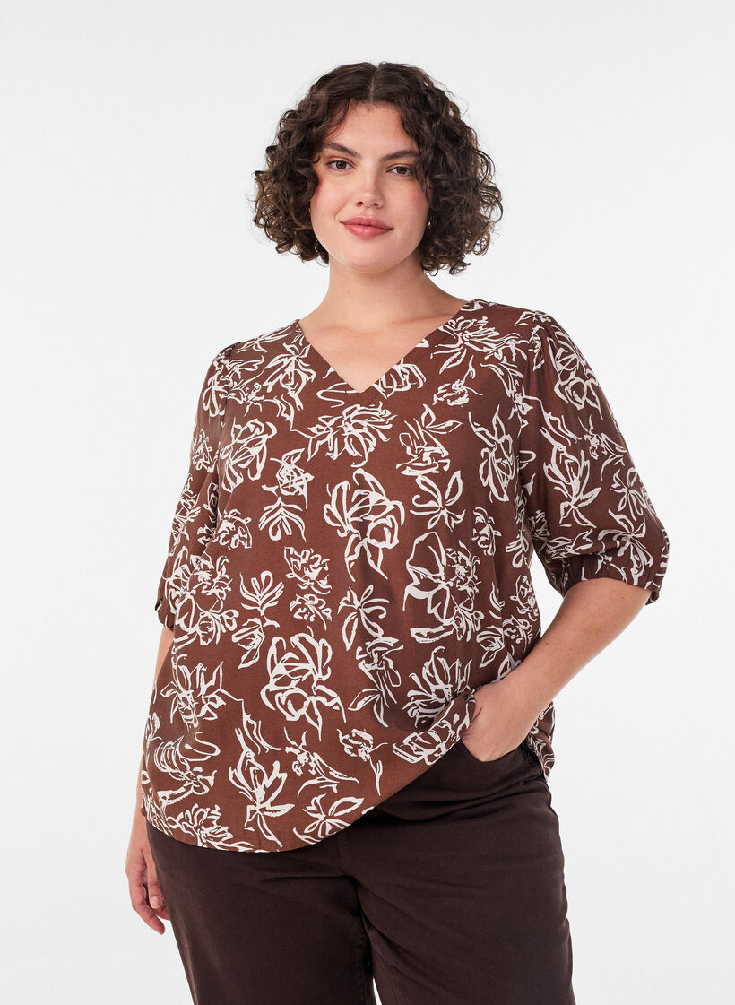 Viscose blouse met V-hals, Bruin, Model image number 0