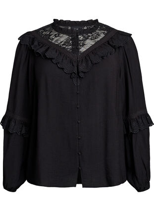 ZizziViscose blouse met kant en ruches, Black, Packshot image number 0