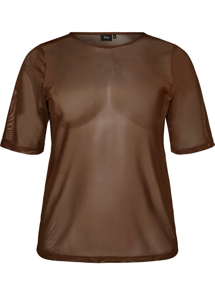 Mesh top met korte mouwen en ronde hals, Bruin, Packshot image number 0
