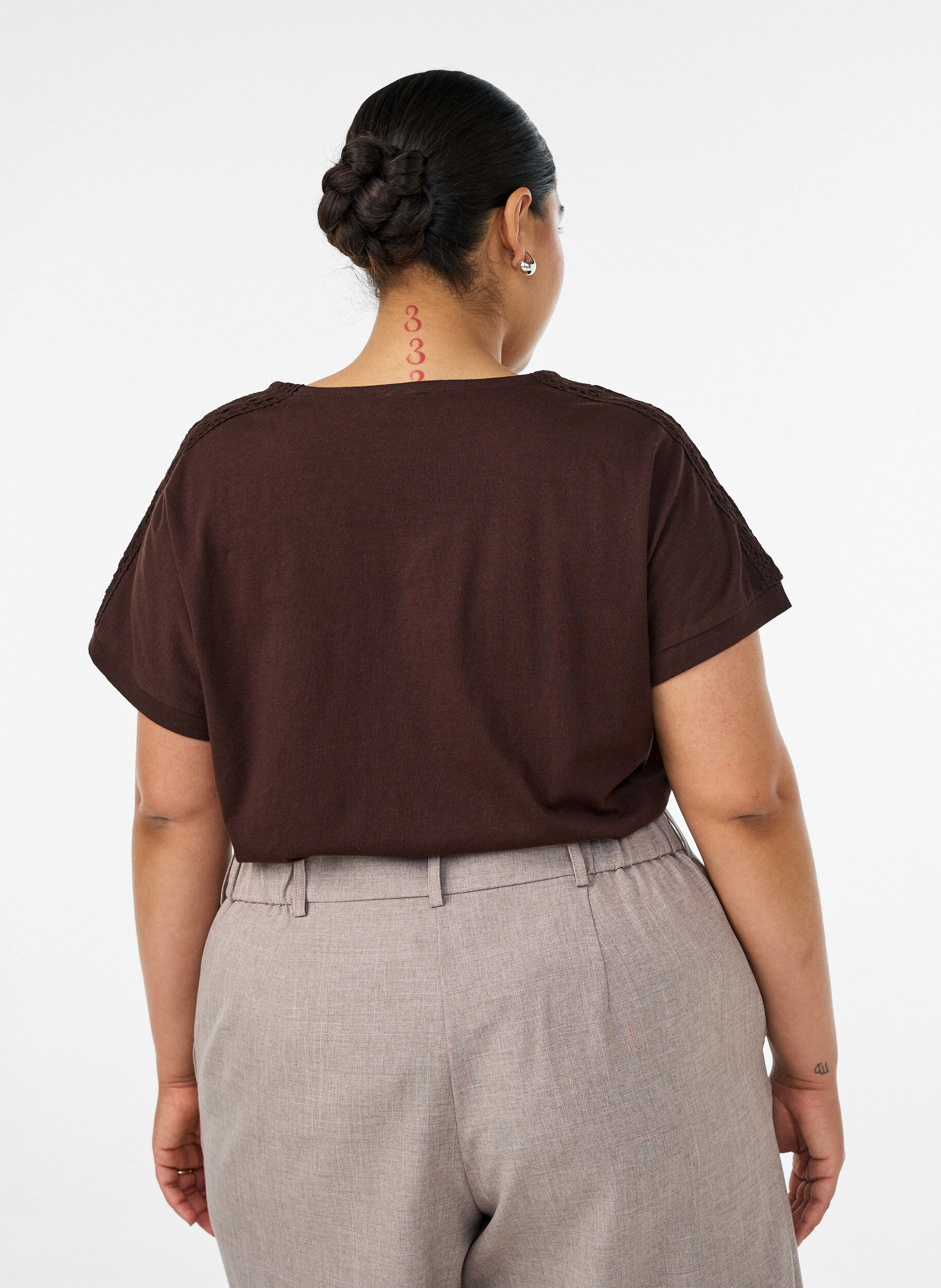 ZizziKatoenen T-shirt met haakdetail, Bruin, Model image number 2