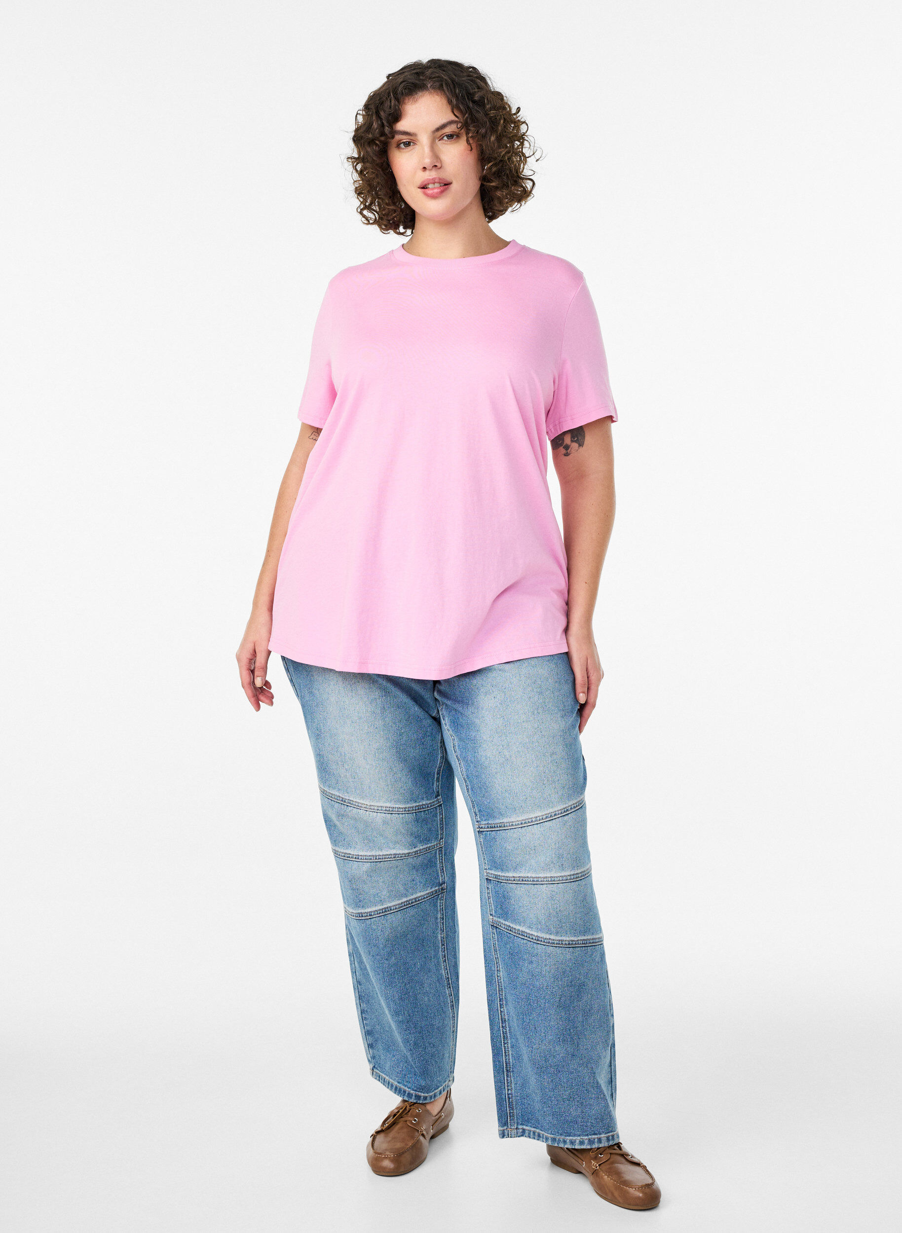 ZizziBasic katoenen T-shirt met ronde hals, Roze, Model image number 1