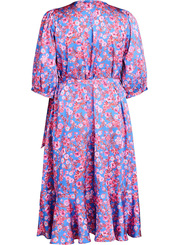 Omslagjurk met bloemenprint met 3/4 mouwen, Blue Pink Flower, Packshot
