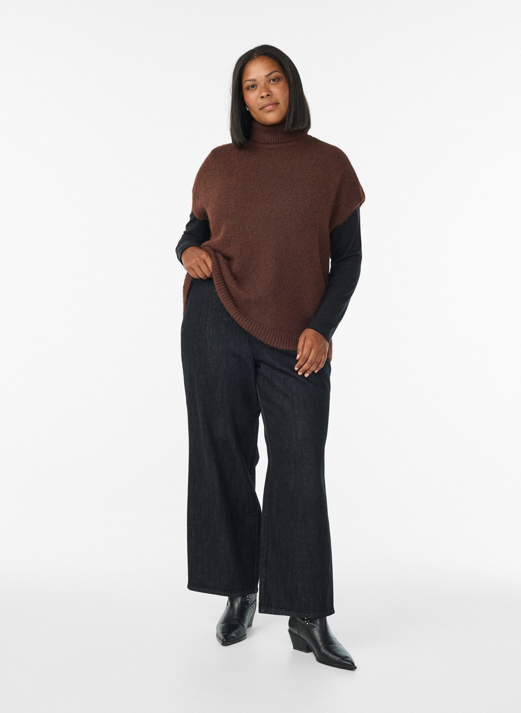 ZizziMouwloos gebreid vest met col, Bruin, Model image number 1