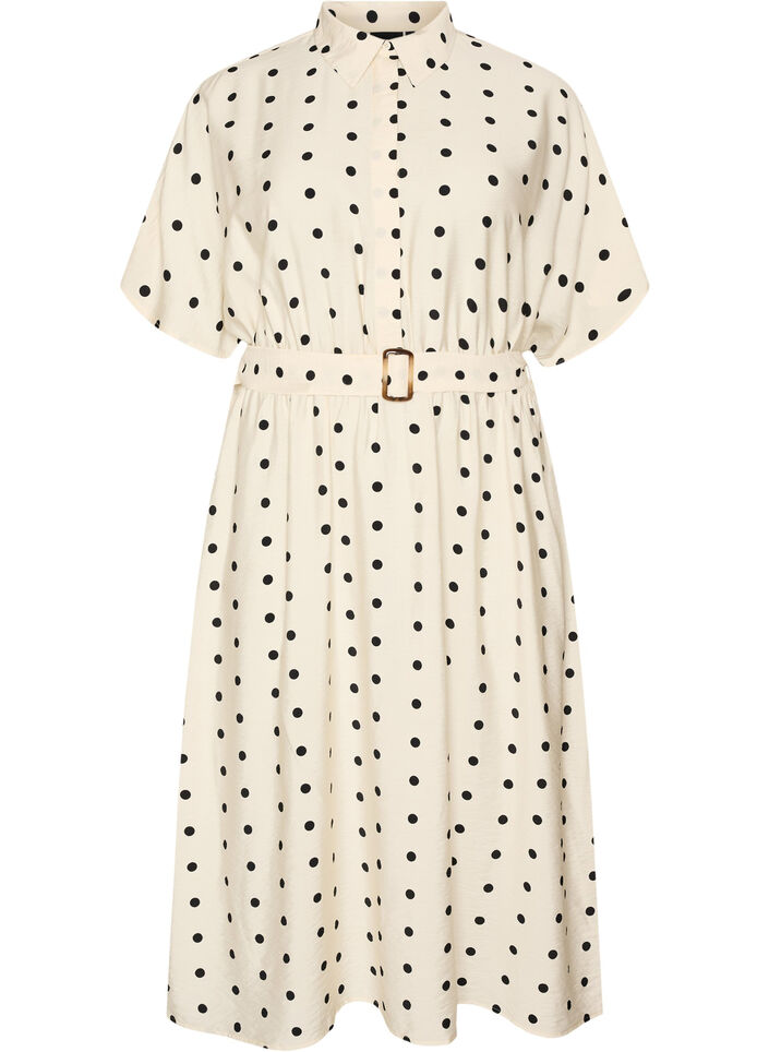 Robe chemise midi en viscose &agrave; pois, Vanille, Packshot