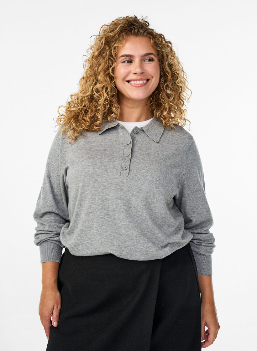 Strik blouse met kraag, Light Grey Melange, Model