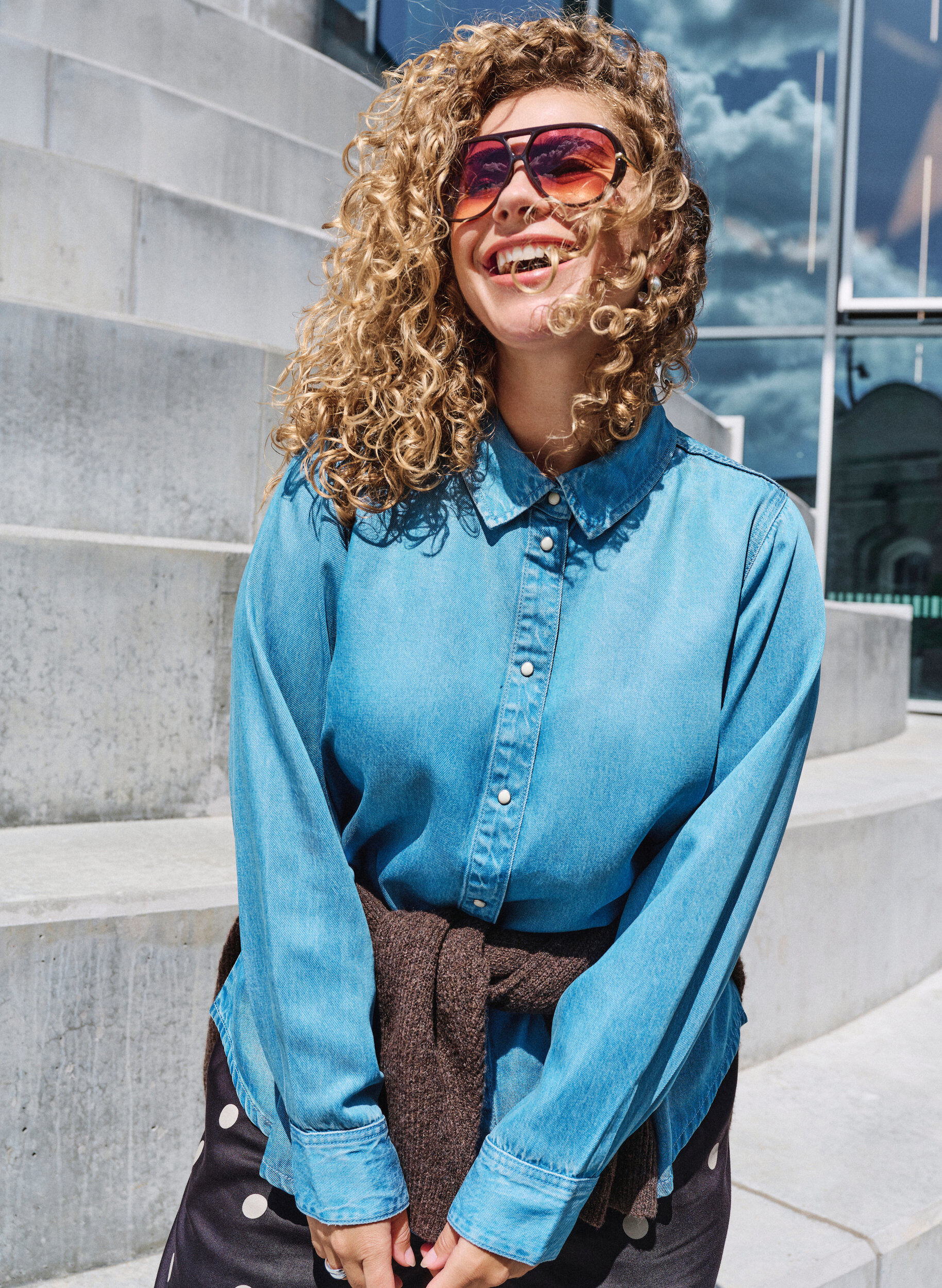 Denim blouse van lyocell met drukknopen