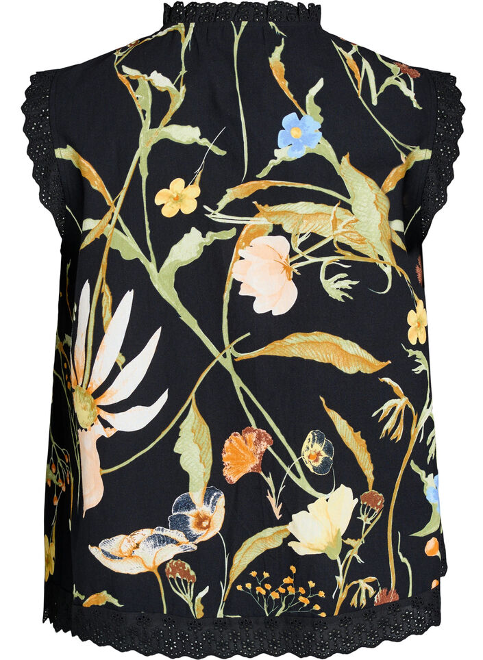Blouse sans manches en coton avec imprim&eacute; floral et broderie anglaise, Noir, Packshot image number 1