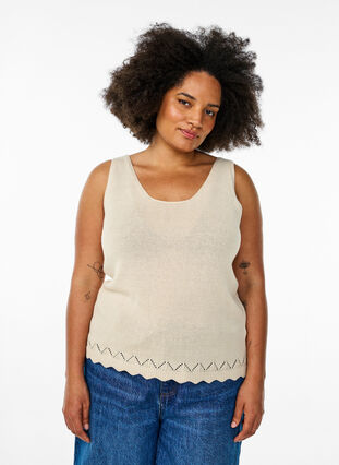 ZizziMouwloze gebreide top met geschulpte rand, Sandshell, Model image number 0