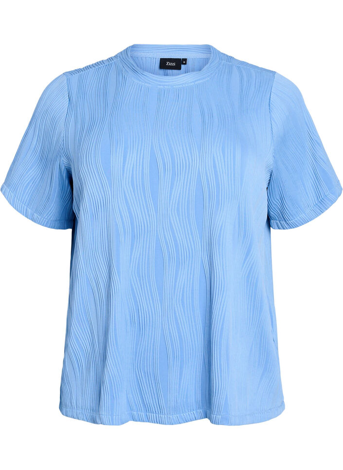Blouse met korte mouwen en een golvende textuur, Blauw, Packshot image number 0