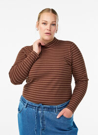 Geribde gestreepte jersey blouse met een hoge hals, Bruin Geribde gestreepte jersey blouse met een hoge hals, Bruin, Model