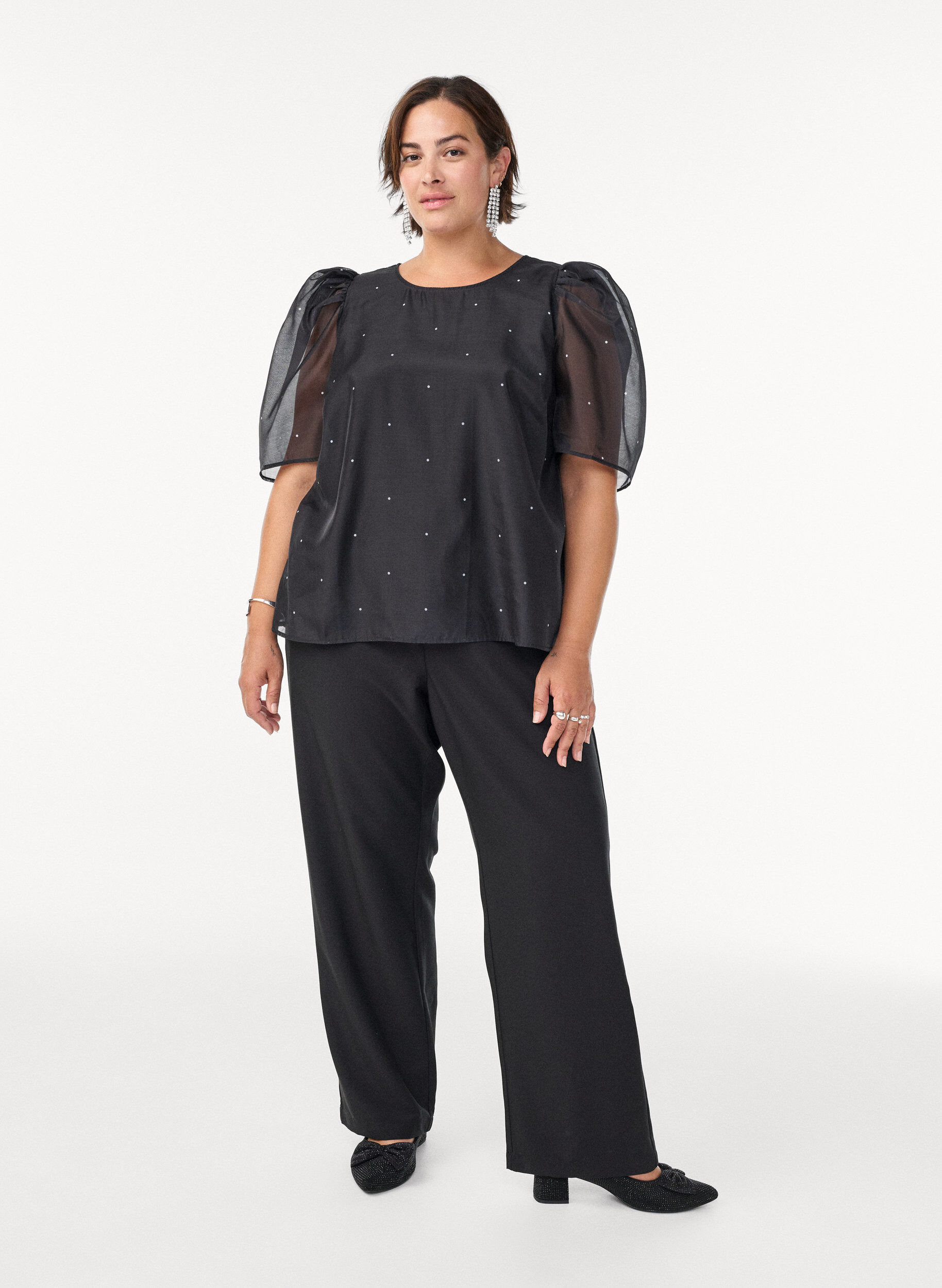 ZizziParty blouse in organza-look met stippen, Zwart, Model image number 1
