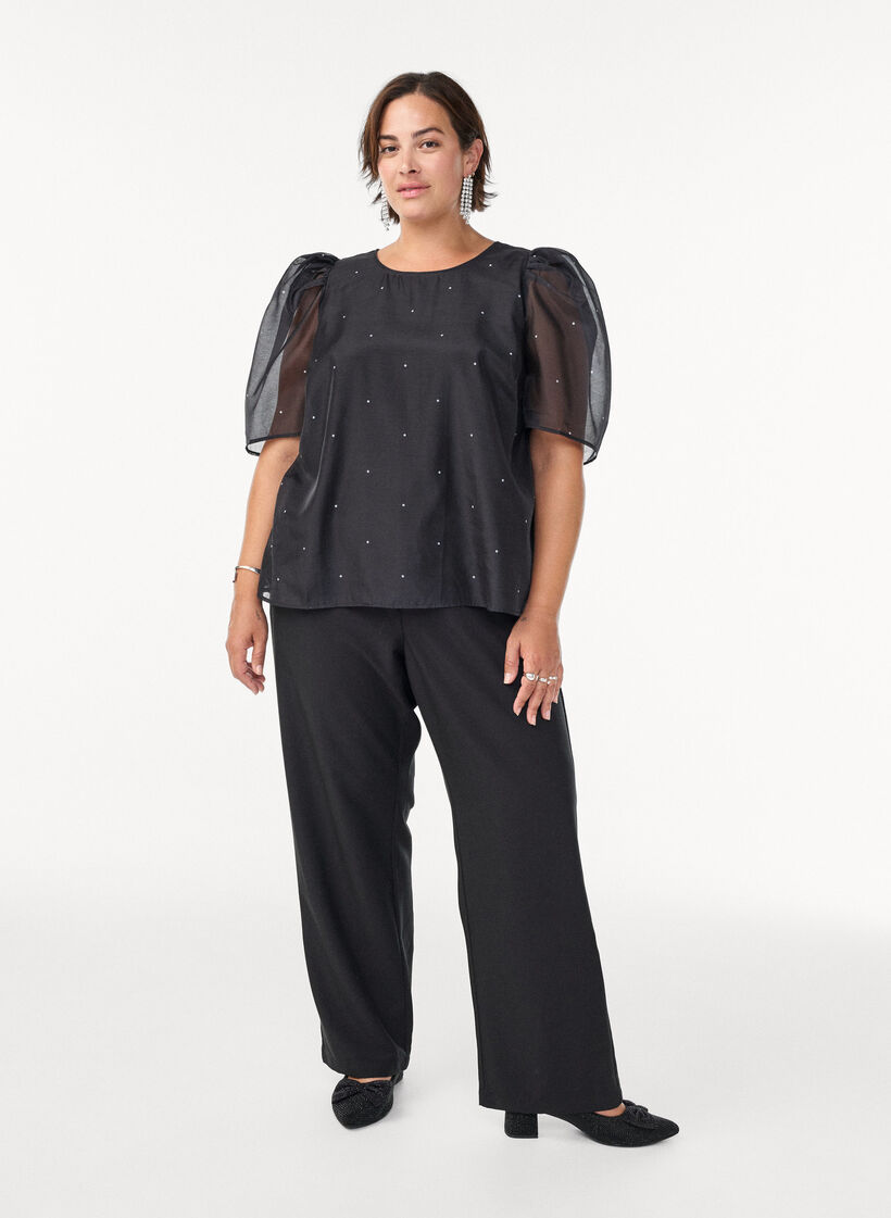 Party blouse in organza-look met stippen, Zwart, Model image number 1