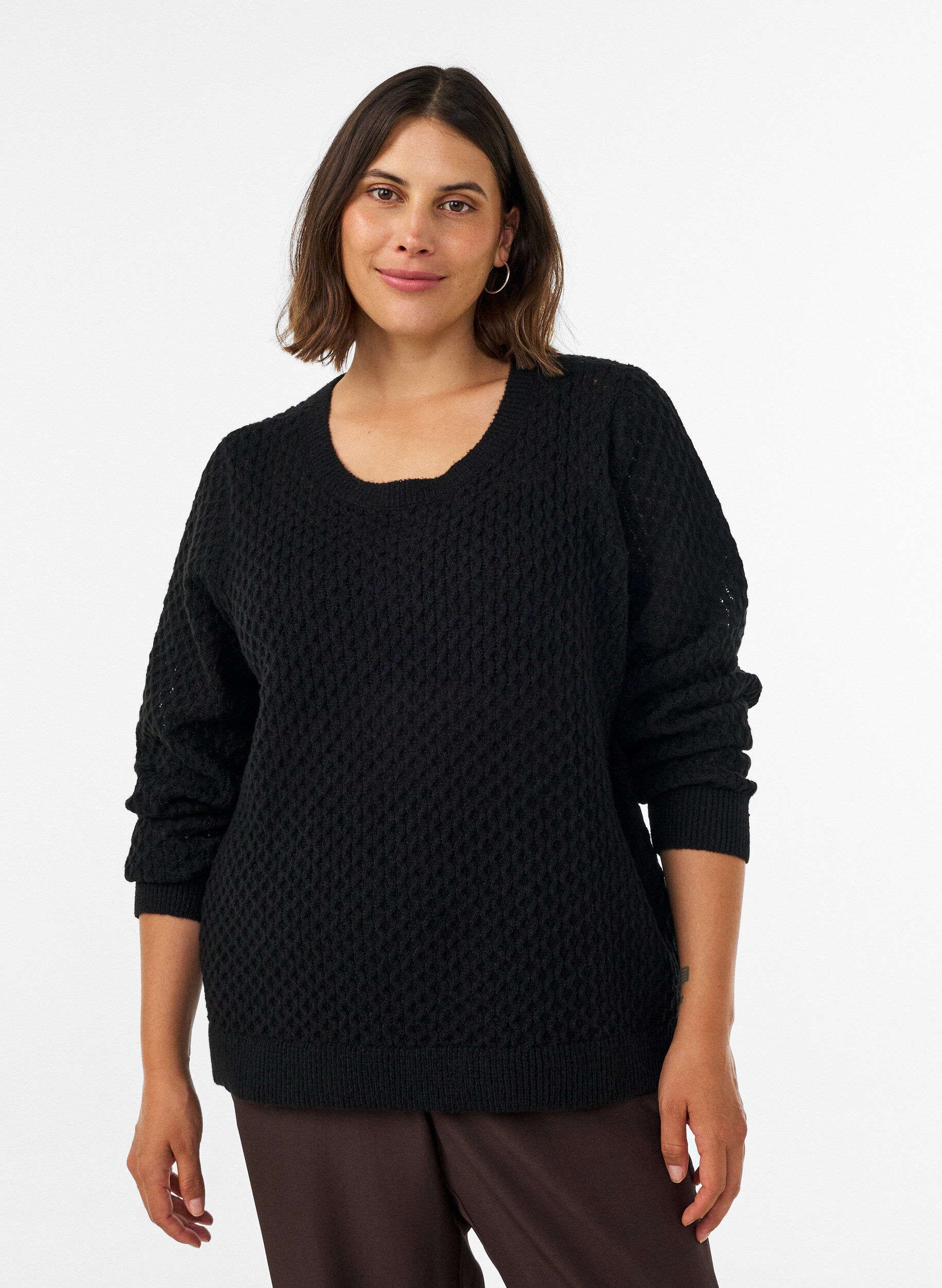 Gebreide blouse met een opengewerkt structuurpatroon, Zwart, Model