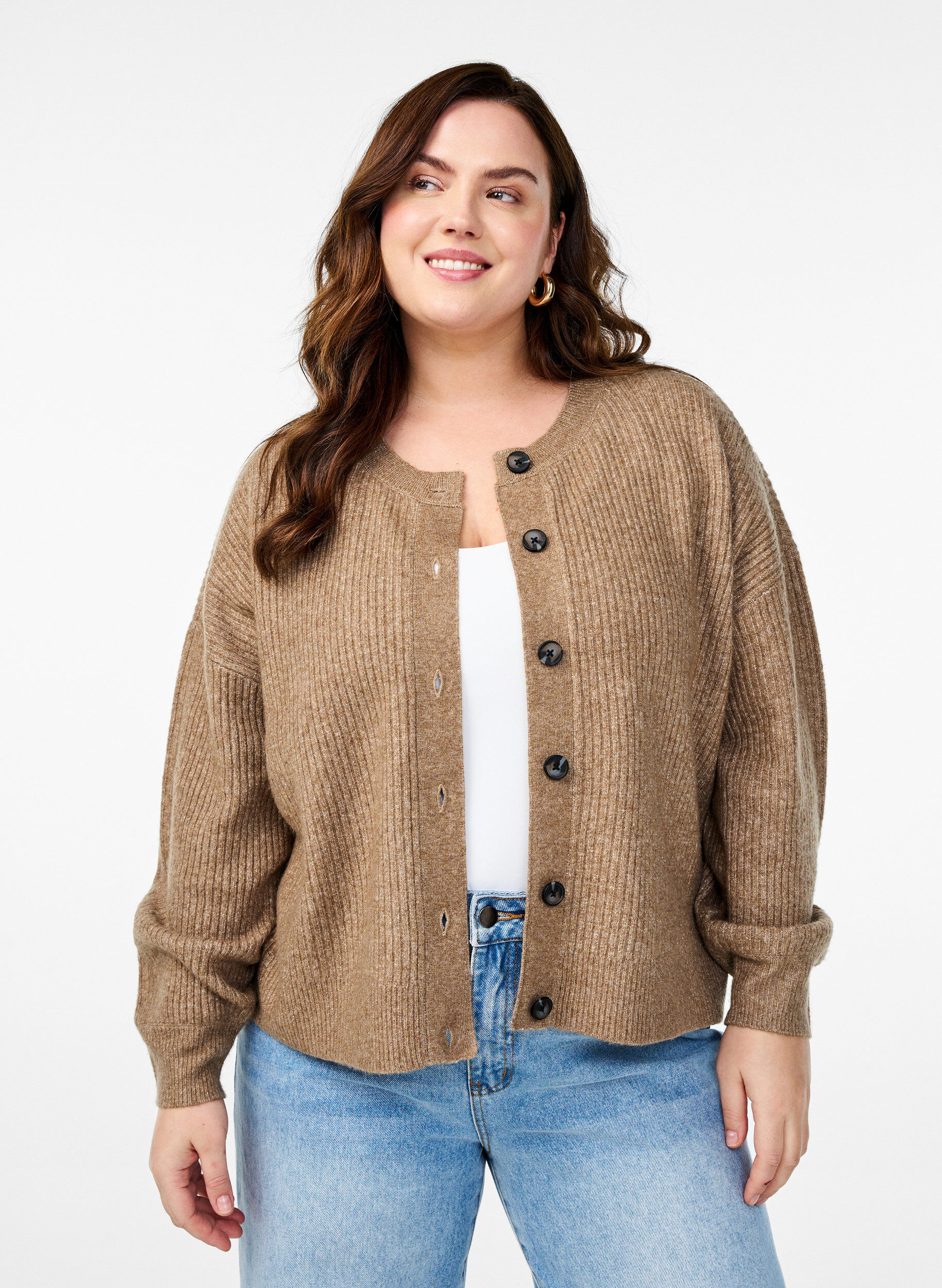 ZizziVest van ribtricot met knopen, Bruin, Model image number 0