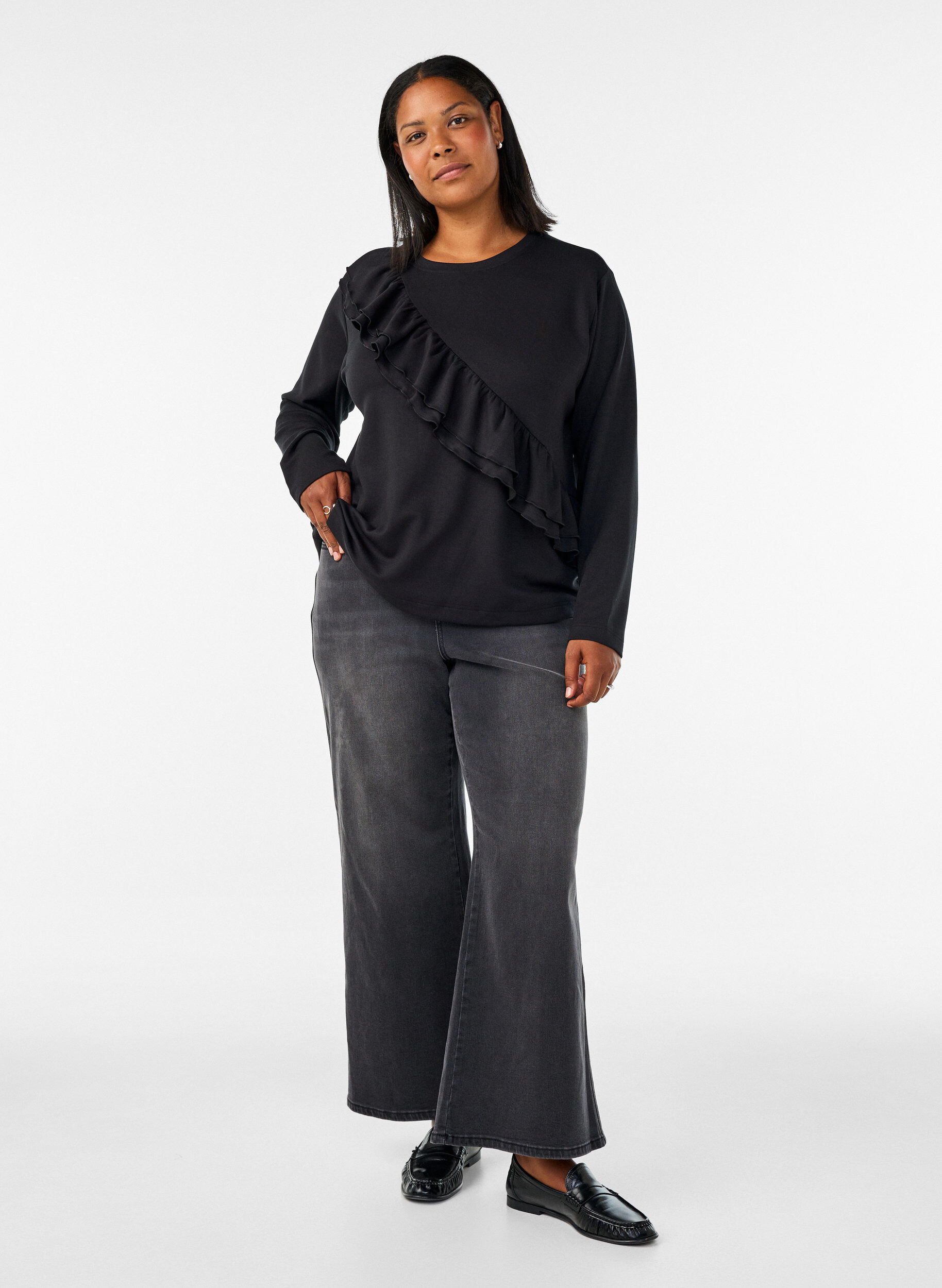 ZizziJersey blouse met een diagonale ruchesdetail, Zwart, Model image number 1