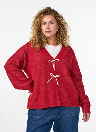 ZizziGebreide cardigan met parelknopen, Karanda Red Melange, Model image number 0