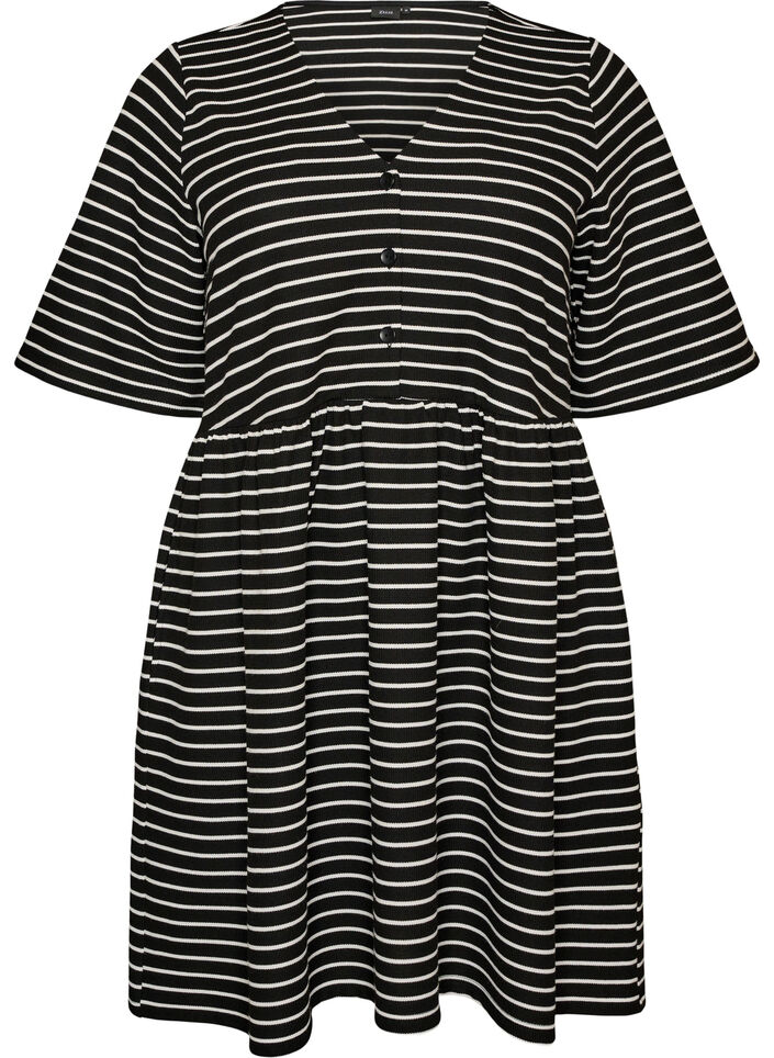 Jurk met een geribde textuur en een empirelijn, Wit, Packshot image number 0