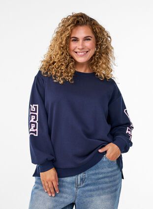 ZizziSweatshirt met statementprint op de mouwen en achterkant, Navy Blazer, Model image number 0