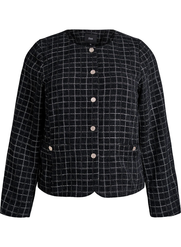 Korte bouclé blazer met ruitjes en ronde hals, Black w. Check, Packshot